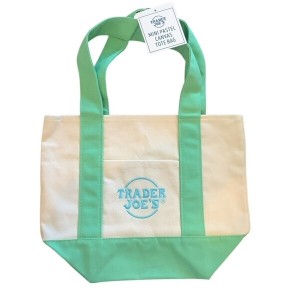 Trader Joe's Tote Mint Green Light Blue Canvas Mini Limited Edition New - Picture 1 of 4